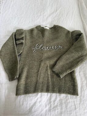 Flower Embroidered Olive Green Girls Sweater